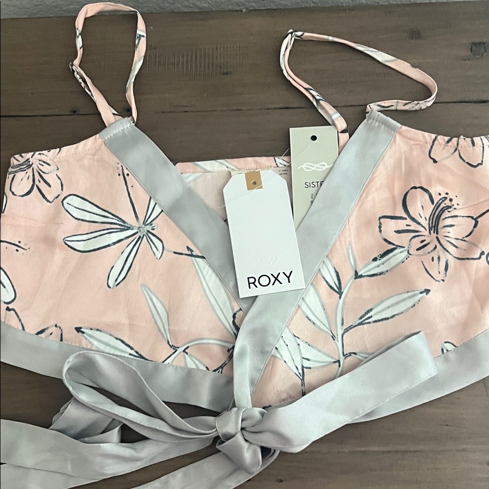 Roxy Peach Floral Tie-Back Cami with Gray Trim